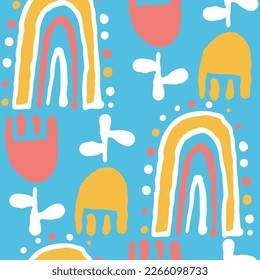 Tulipán con hojas, patrón arcoiris para impresión de tela, decoración de fondo, adorno de papel, papel pintado. Floral, jardín, botánico, tema. Ilustración romántica dibujada a mano. Dibujo vectorial de estilo vintage
