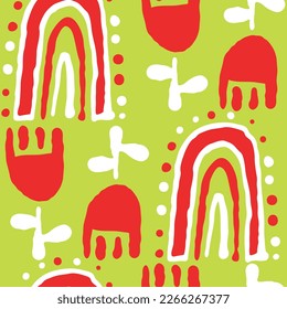 Tulipán con hojas, patrón arcoiris para impresión de tela, decoración de fondo, adorno de papel, papel pintado. Floral, jardín, botánico, tema. Ilustración romántica dibujada a mano. Dibujo vectorial de estilo vintage
