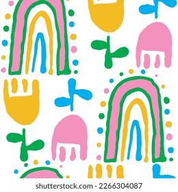 Tulip with leaves, rainbow pattern for fabric print, background decoration, paper ornament, wallpaper. Floral, garden, botanical, theme. Romantic, hand drawn illustration. Vintage style vector drawing