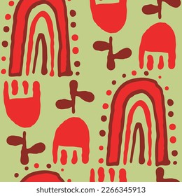 Tulip with leaves, rainbow pattern for fabric print, background decoration, paper ornament, wallpaper. Floral, garden, botanical, theme. Romantic, hand drawn illustration. Vintage style vector drawing