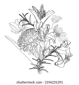 Tulip, lilies, cosmos flowers and leaves. Card element with floral illustration. Bouquet of flowers with exotic Leaf isolated on white background. 