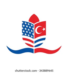 tulip logo with flag of US and turkey. logo vector.