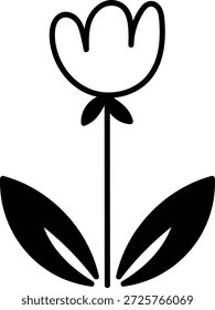 Tulpe mit langem Stamm, abgerundeten Blütenblättern und gepaarten Blättern in sauberer Linie Kunst. Symbol des Frühlings, Wachstum, Reinheit und Volkserbe für Dekor und Branding. Cartoon, Vektorgrafik.