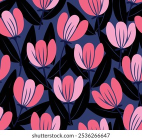Diseño moderno de tulipán. patrón transparente para decorar todos los diseños de moda, telas, Fondos de pantalla y estampados. sobre un fondo oscuro