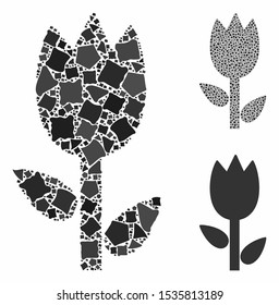 Tulip mosaic of abrupt parts in variable sizes and color tones, based on tulip icon. Vector inequal parts are grouped into mosaic. Tulip icons collage with dotted pattern.