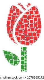 Tulip mosaic icon of square figures and spheric dots in variable sizes. Vector objects are grouped into tulip collage design concept.