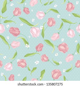 Tulip on light background. Vintage Summer floral seamless pattern in pastel colors.