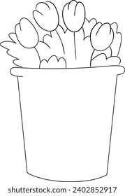 Tulip on the pot black and white vector line art illustration
