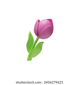 Tulip on stem with leaves 3D realistic vector illustration. Clay or plasticine texture beautiful purple flower. Modeling creation, handmade craft sculpting. Blossom plant for floral design isolated