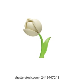 Tulip on stem with leaves 3D realistic vector illustration. Clay or plasticine texture beautiful white flower. Blossom single plant for floral design. Modeling creation, handmade craft sculpting