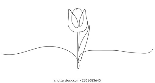 Tulip one line drawing. Abstract flower continuous line. Minimalist contour drawing of tulip. Continuous line drawing of flower tulip.Hand drawn sketch of flower with leaves.