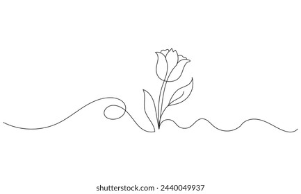 Tulip one line drawing. Abstract flower continuous line. Minimalist contour drawing of tulip. Continuous line drawing of flower tulip. Hand drawn sketch of flower with leaves. Tulip outline icon