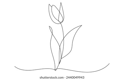 Tulip one line drawing. Abstract flower continuous line. Minimalist contour drawing of tulip. Continuous line drawing of flower tulip. Hand drawn sketch of flower with leaves. Tulip outline icon