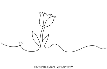 Tulip one line drawing. Abstract flower continuous line. Minimalist contour drawing of tulip. Continuous line drawing of flower tulip. Hand drawn sketch of flower with leaves. Tulip outline icon