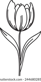 Tulip one line drawing. Abstract flower continuous line. Minimalist contour drawing of tulip. Continuous line drawing of flower tulip. Hand drawn sketch of flower with leaves