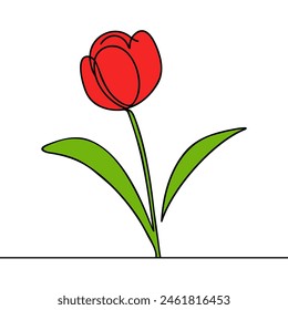 Tulip one line drawing. Abstract flower continuous line. Hand drawn sketch of flower with leaves