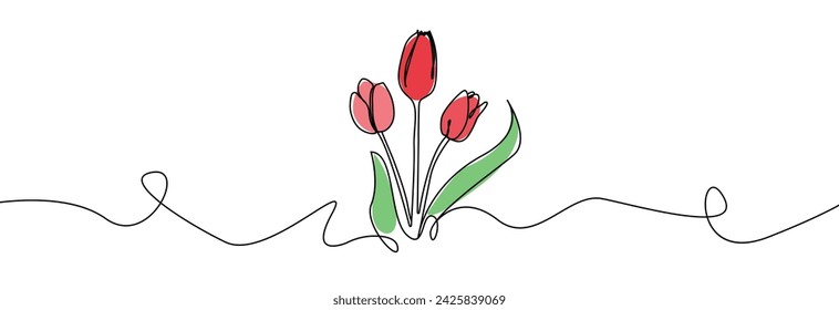 Tulip one line drawing. Flower one line. Abstract flower continuous line. Minimalist contour drawing of tulip. Continuous line drawing of flower tulip. Hand drawn sketch of flower with leaves.