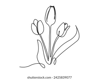 Tulip one line drawing. Flower one line. Abstract flower continuous line. Minimalist contour drawing of tulip. Continuous line drawing of flower tulip. Hand drawn sketch of flower with leaves.