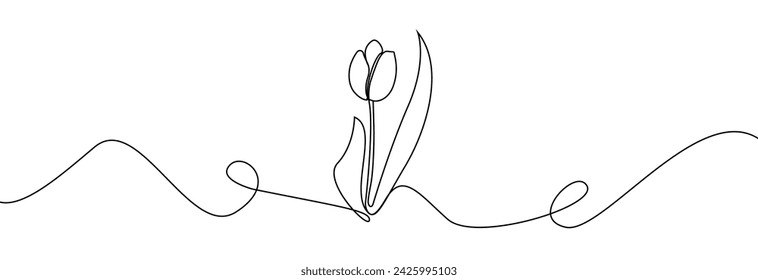 Tulip one line drawing. Flower one line. Abstract flower continuous line. Minimalist contour drawing of tulip. Continuous line drawing of flower tulip. Hand drawn sketch of flower with leaves.