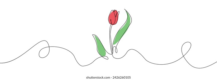 Tulip one line drawing. Flower one line. Abstract flower continuous line. Minimalist contour drawing of tulip. Continuous line drawing of flower tulip. Hand drawn sketch of flower with leaves.