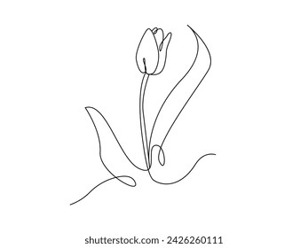 Tulip one line drawing. Flower one line. Abstract flower continuous line. Minimalist contour drawing of tulip. Continuous line drawing of flower tulip. Hand drawn sketch of flower with leaves.