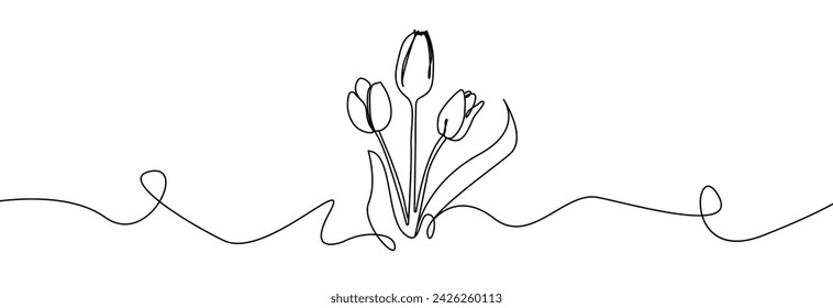 Tulip one line drawing. Flower one line. Abstract flower continuous line. Minimalist contour drawing of tulip. Continuous line drawing of flower tulip. Hand drawn sketch of flower with leaves.