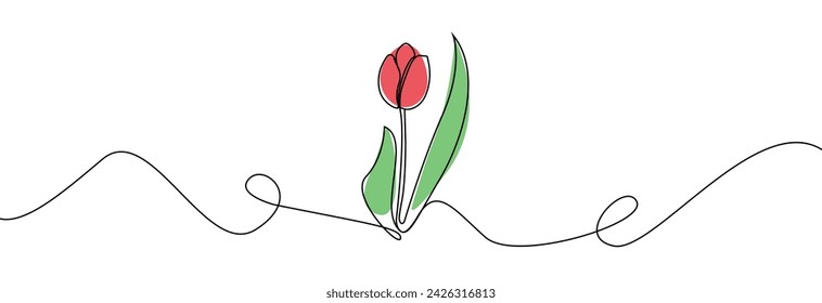 Tulip one line drawing. Flower one line. Abstract flower continuous line. Minimalist contour drawing of tulip. Continuous line drawing of flower tulip. Hand drawn sketch of flower with leaves.