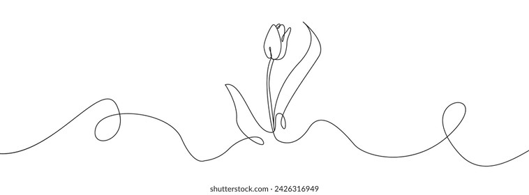 Tulip one line drawing. Flower one line. Abstract flower continuous line. Minimalist contour drawing of tulip. Continuous line drawing of flower tulip. Hand drawn sketch of flower with leaves.