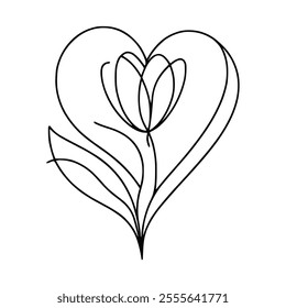 Tulip one line drawing. Flower one line. Abstract flower continuous line. Minimalist contour drawing of tulip. Continuous line drawing of flower tulip. Hand drawn sketch of flower with leaves.