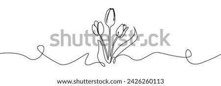 Tulip one line drawing. Flower one line. Abstract flower continuous line. Minimalist contour drawing of tulip. Continuous line drawing of flower tulip. Hand drawn sketch of flower with leaves.