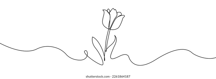 Tulip one line drawing.Abstract flower continuous line. Minimalist contour drawing of tulip. Continuous line drawing of flower tulip.Hand drawn sketch of flower with leaves.