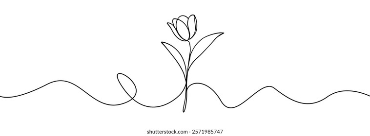 Tulip one line drawing.Abstract flower continuous line. Minimalist contour drawing of tulip. Continuous line drawing of flower tulip.Hand drawn sketch of flower with leaves.