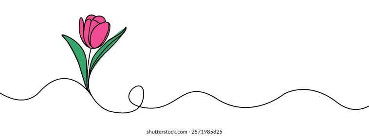 Tulip one line drawing.Abstract flower continuous line. Minimalist contour drawing of tulip. Continuous line drawing of flower tulip.Hand drawn sketch of flower with leaves.