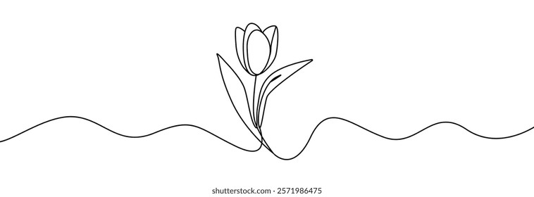 Tulip one line drawing.Abstract flower continuous line. Minimalist contour drawing of tulip. Continuous line drawing of flower tulip.Hand drawn sketch of flower with leaves.