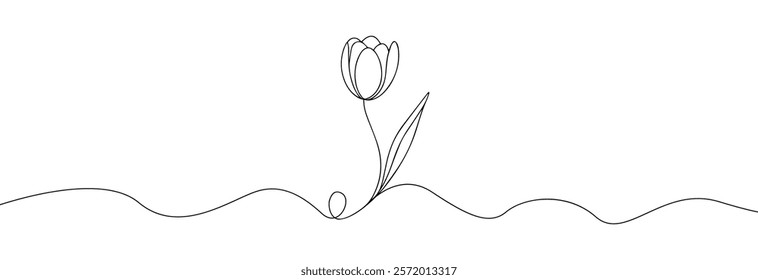 Tulip one line drawing.Abstract flower continuous line. Minimalist contour drawing of tulip. Continuous line drawing of flower tulip.Hand drawn sketch of flower with leaves.