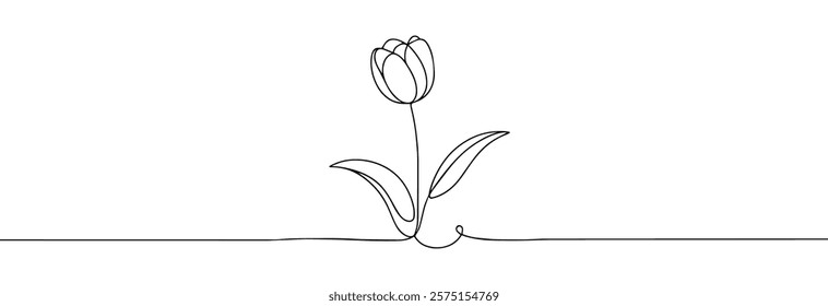 Tulip one line drawing.Abstract flower continuous line. Minimalist contour drawing of tulip. Continuous line drawing of flower tulip.Hand drawn sketch of flower with leaves.