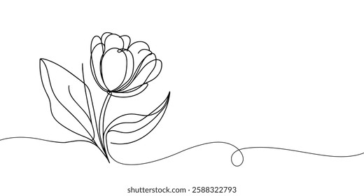  Tulip one line drawing.Abstract flower continuous line. Minimalist contour drawing of tulip. Continuous line drawing of flower tulip.Hand drawn sketch of flower with leaves.