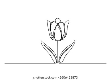 Tulip one line drawing.Abstract flower continuous line. Minimalist contour drawing of tulip. Continuous line drawing of flower tulip.Hand drawn sketch of flower with leaves.