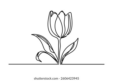 Tulip one line drawing.Abstract flower continuous line. Minimalist contour drawing of tulip. Continuous line drawing of flower tulip.Hand drawn sketch of flower with leaves.