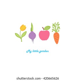 The tulip, onions, apple and carrot are built in a row. My little garden. Cute cartoon set of flower, vegetable and fruit. Hand-drawn vector illustration. Nature set isolated on white background.