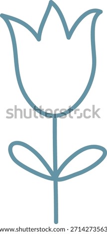 Tulip outline with single stem and two looped leaves drawn in continuous stroke. Symbol of spring, growth, purity, love, and nature. Cartoon vector illustration.
