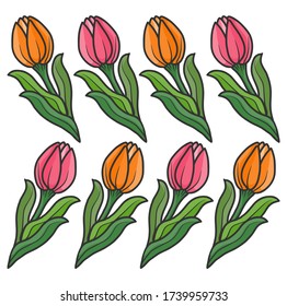 Tulpenmuster für Hintergrund, Stoff, Packpapier. Vorlagenentwurf. naturflaches Motiv in rosa, orange und grün. Kreatives Blumenmuster
