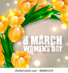 Tulip  pattern with lettering 8 March Women's Day Invitation Spring text with tulip flower. Vector illustration EPS10