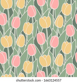 Tulip pattern. Tulips in a field, pink and yellow flowers. Pastel colors, thick creamy-white outlines. Seamless repeat vector pattern.