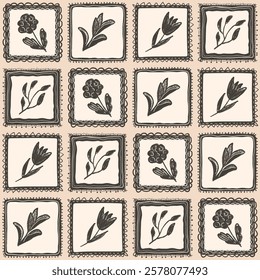 Tulip, peony flowers and leaves seamless pattern. Linocut floral stencil on vintage frames allover background. Blocks marker drawn repeat cover. Vector hand drawn monochrome spring motif.