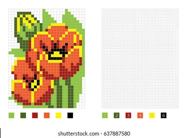 Tulip. Pixel flower in the coloring page with numbered squares, vector illustration