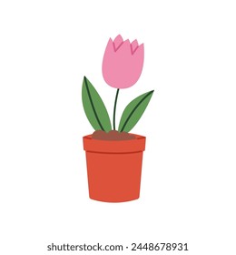 Tulip en una olla. Ilustración vectorial plana aislada sobre fondo blanco.