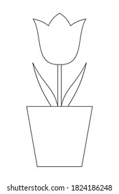Tulipán en una olla. Ilustración del contorno vectorial aislada en fondo blanco. Página de libro de colorear para niños.
