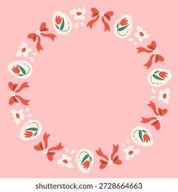 Tulipa fita coroa de Páscoa. Quadro floral redondo com ovos pintados arcos motivos florais pétalas suaves harmonia pastel, ilustração desenhada à mão encantadora para elegantes decorações sazonais.