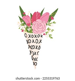 Flores de tulipán y rosas, aisladas en un fondo blanco. Disposición de las flores. Ilustración plana del día de las tarjetas de válvulas del muelle del vector